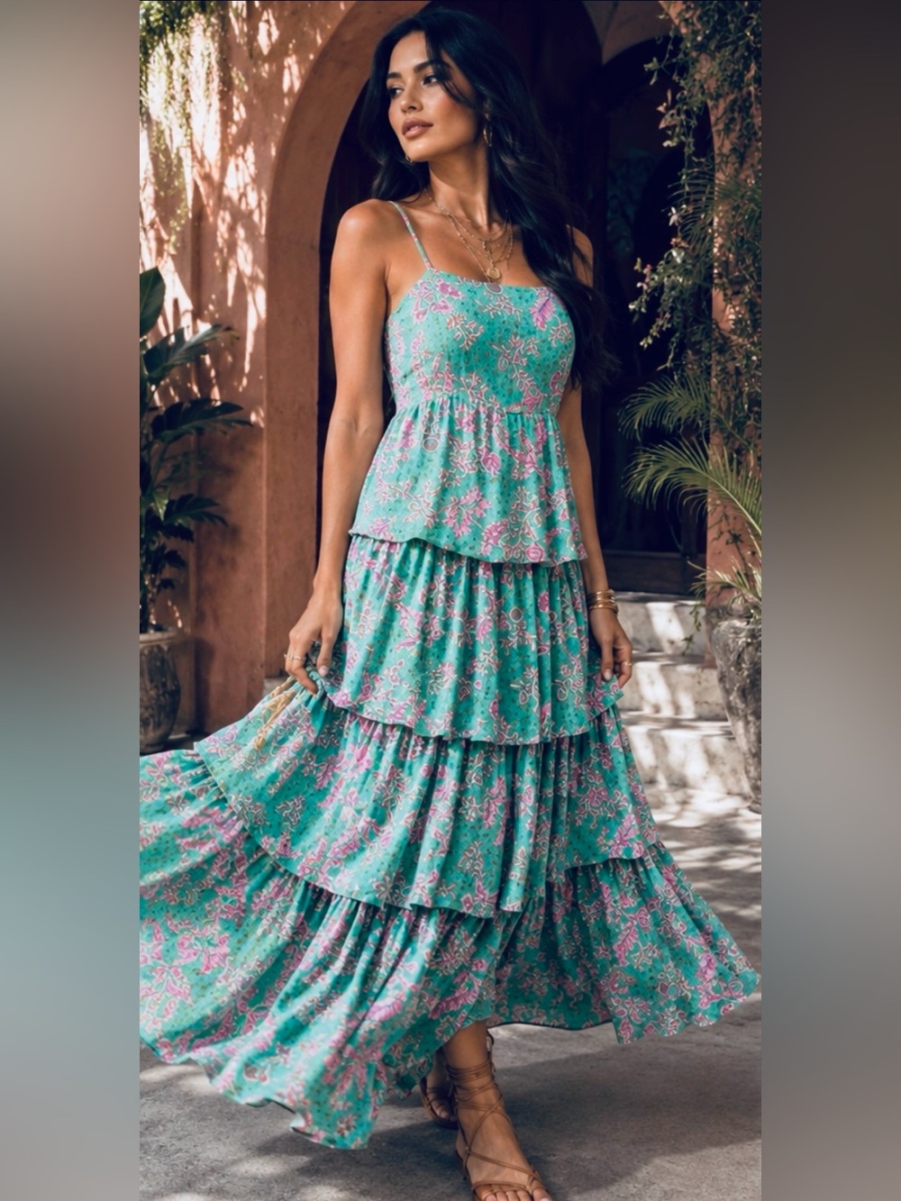 Entro Green & Pink Floral Tiered Midi Dress